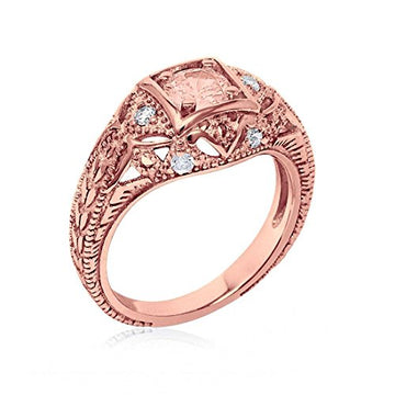 Antique Style Engagement Ring Rose Tone, Simulated Morganite CZ 925 Sterling Silver